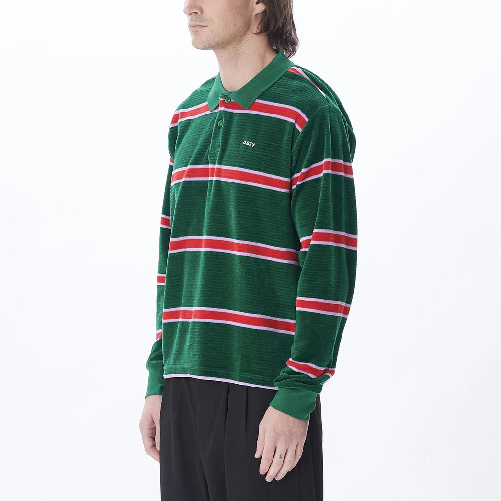 OBEY Holstien Velour Stripe Polo LS (Aventurine Green Multi)