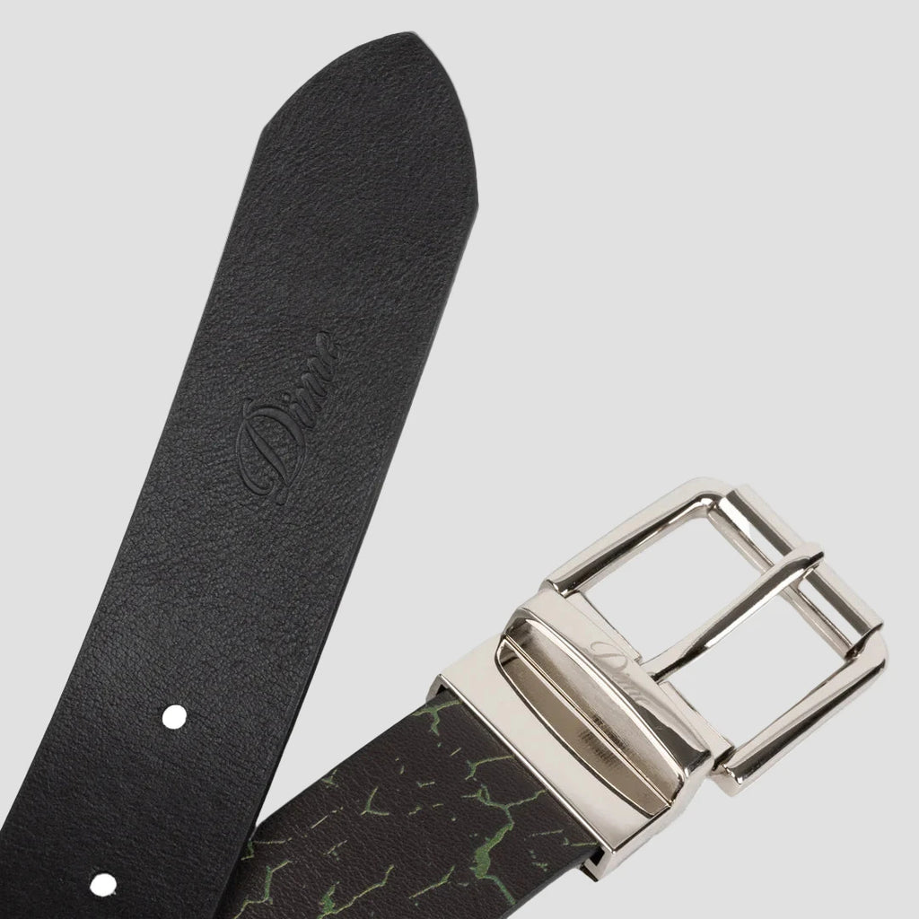 Ceinture Reversible Leather Dime MTL – ceinture cuir noir et craquelé avec boucle logo, réversible, tailles S-M et L-XL.