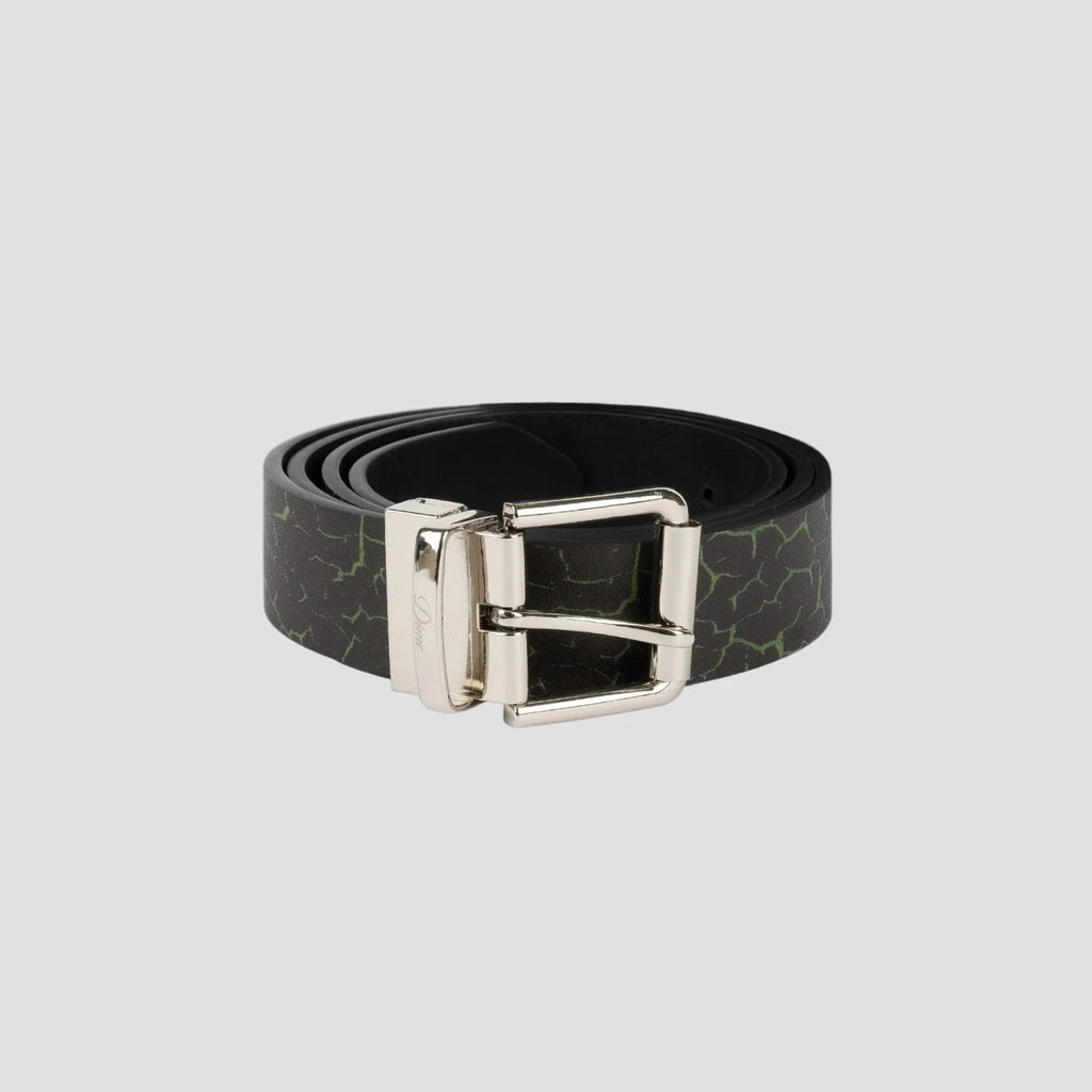 Ceinture Reversible Leather Dime MTL – ceinture cuir noir et craquelé avec boucle logo, réversible, tailles S-M et L-XL. Vue d'ensemble