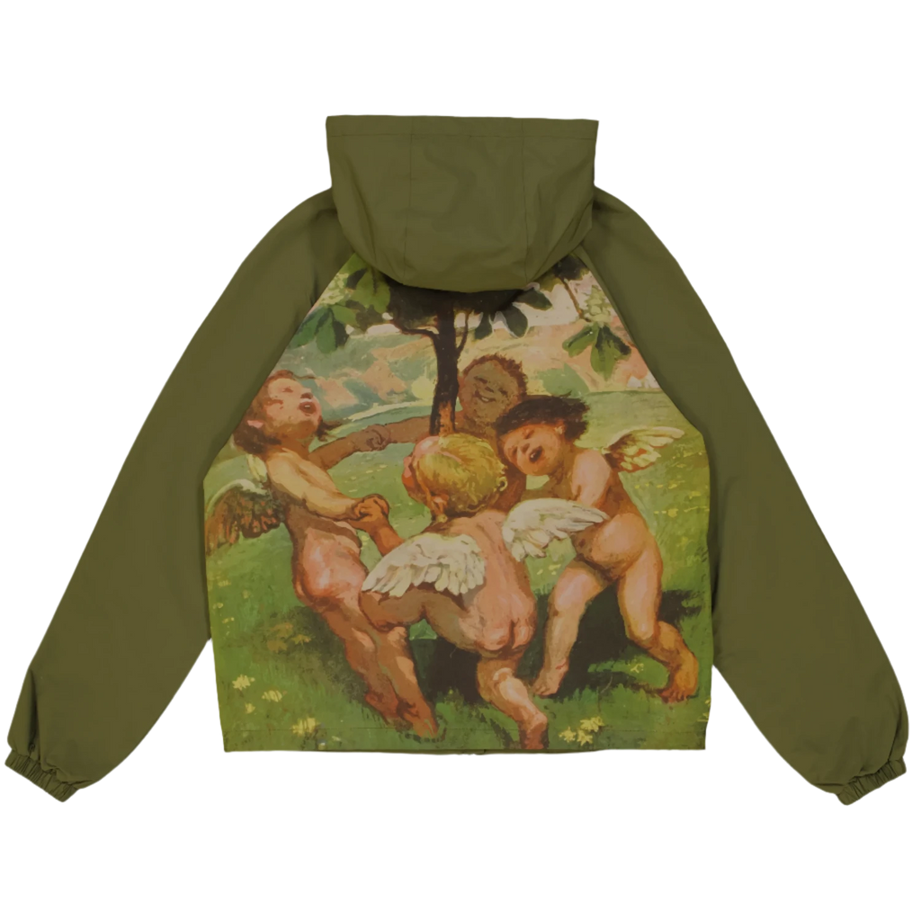 Veste The Loose Company Angel Shell Jacket Forest Green avec logo brodé et artwork Angel au dos – Yagö Skateshop Mons. Vu de dos