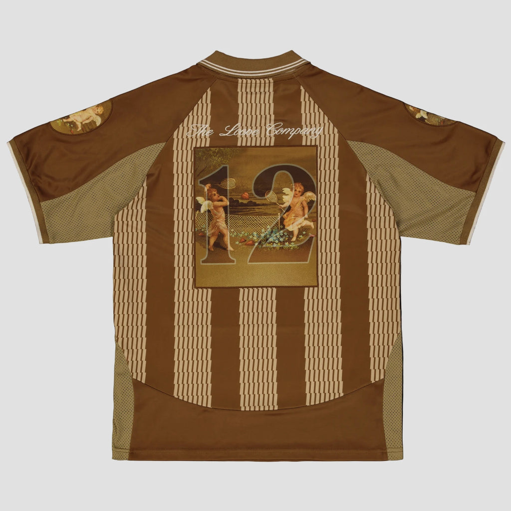 Angel Jersey marron The Loose Company, vu de face maillot football revisité streetwear avec patches brodés et logo. Skate Mons Saint-Ghislain. Vue de dos