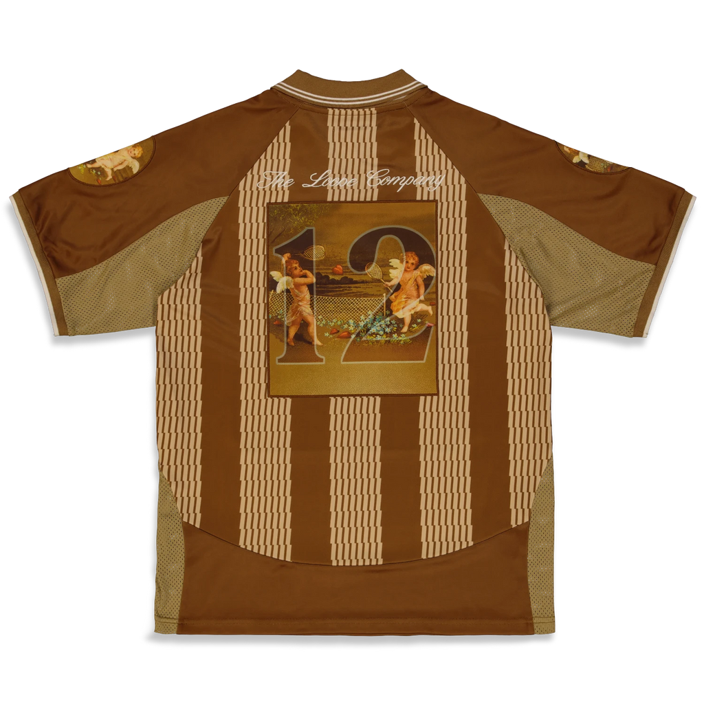 Angel Jersey marron The Loose Company, vue de dos maillot football revisité streetwear avec patches brodés et logo. Skate Mons Saint-Ghislain.