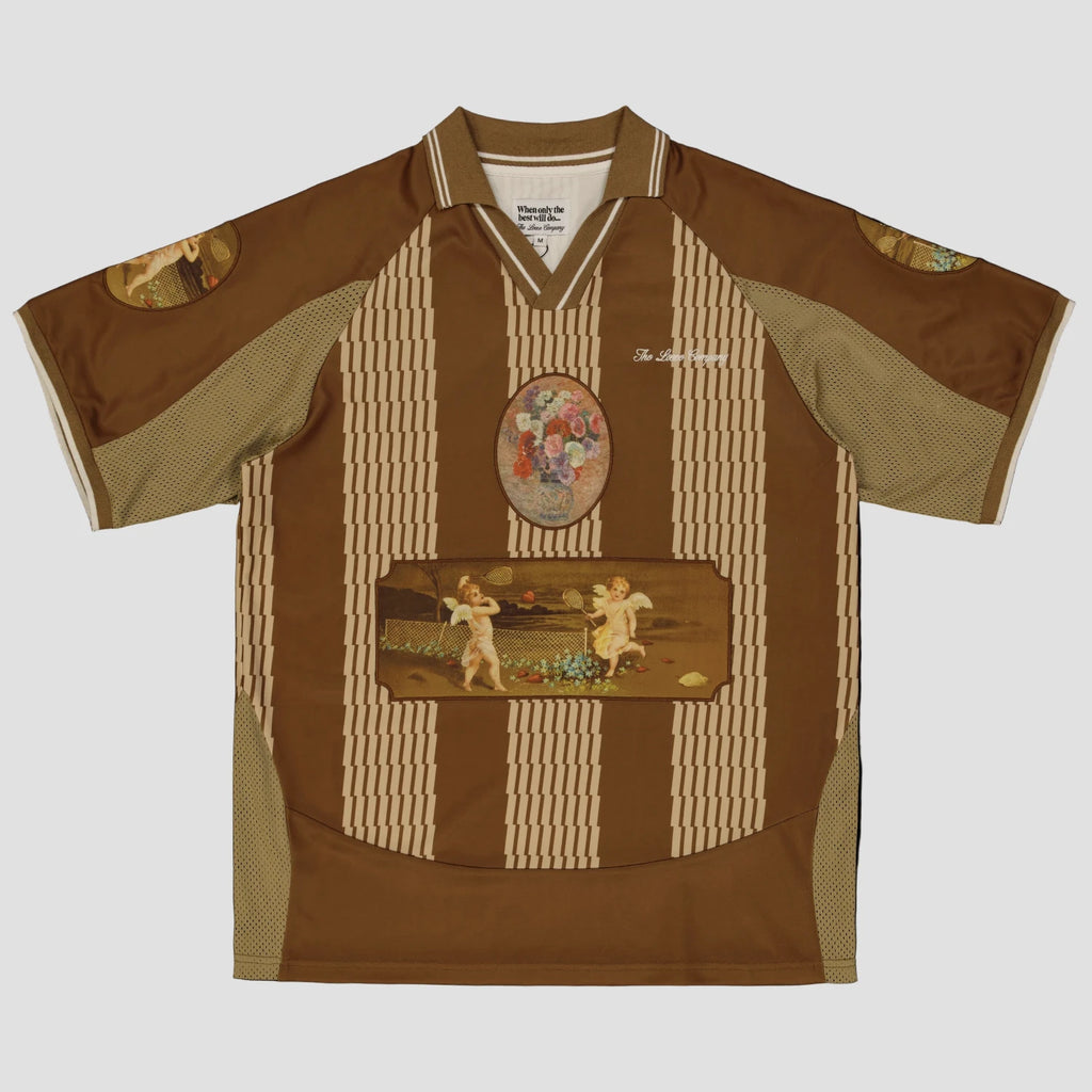 Angel Jersey marron The Loose Company, vu de face maillot football revisité streetwear avec patches brodés et logo. Skate Mons Saint-Ghislain.