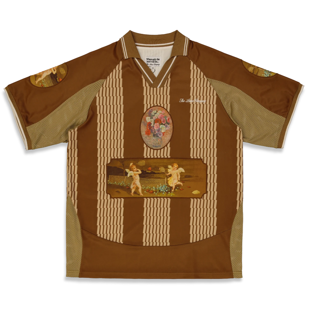 Angel Jersey marron The Loose Company, vu de face maillot football revisité streetwear avec patches brodés et logo. Skate Mons Saint-Ghislain.