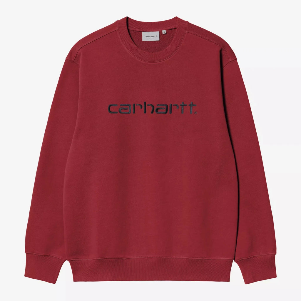 Sweat-shirt Carhartt WIP Script Scarlet/Graphite en coton/polyester épais 440 g/m², coupe ample avec logo brodé – dispo à Mons.