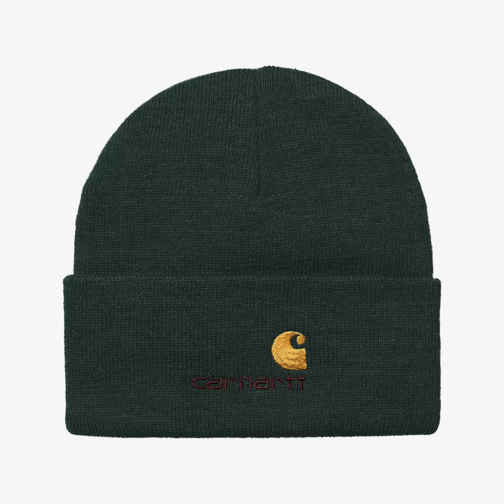 Bonnet Carhartt WIP American Script Porphyry en polyester recyclé avec logo brodé – skateshop Mons