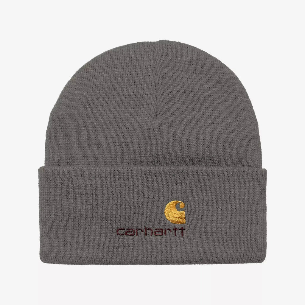 Bonnet Carhartt WIP American Script Porphyry en polyester recyclé avec logo brodé – skateshop Mons