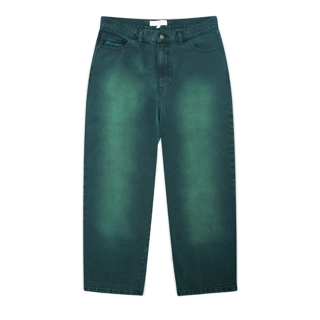 Jean Yardsale Faded Phantasy vert forêt en denim 100 % coton loose fit avec broderies – Yagö Skateshop Mons. Vu de face