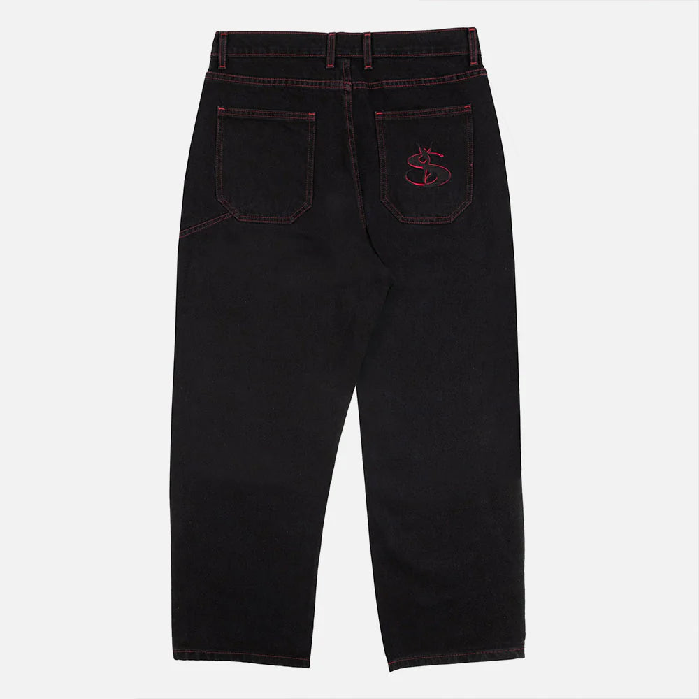 Jean Yardsale Phantasy Denim Black relaxed fit avec surpiqûres rouges et logos brodés – Yagö Skateshop Mons.