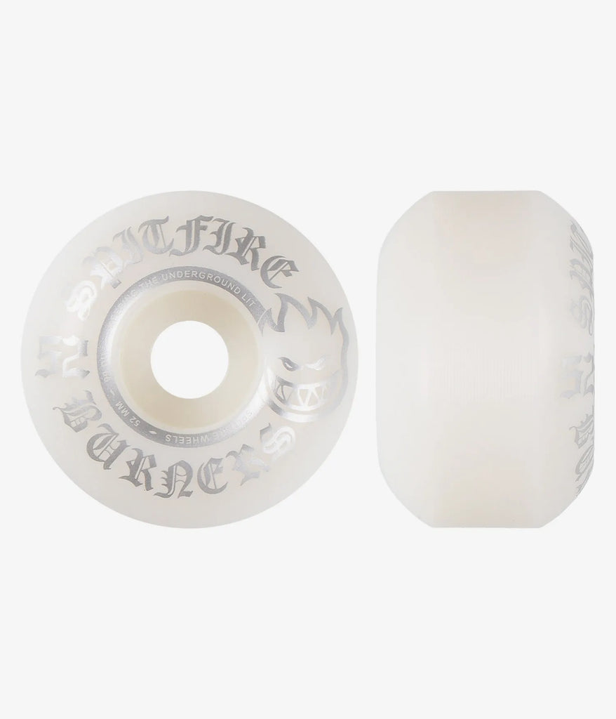 Roues de skate Spitfire Burners Bighead naturelles et argent 99A (52mm) vue de face et de profil