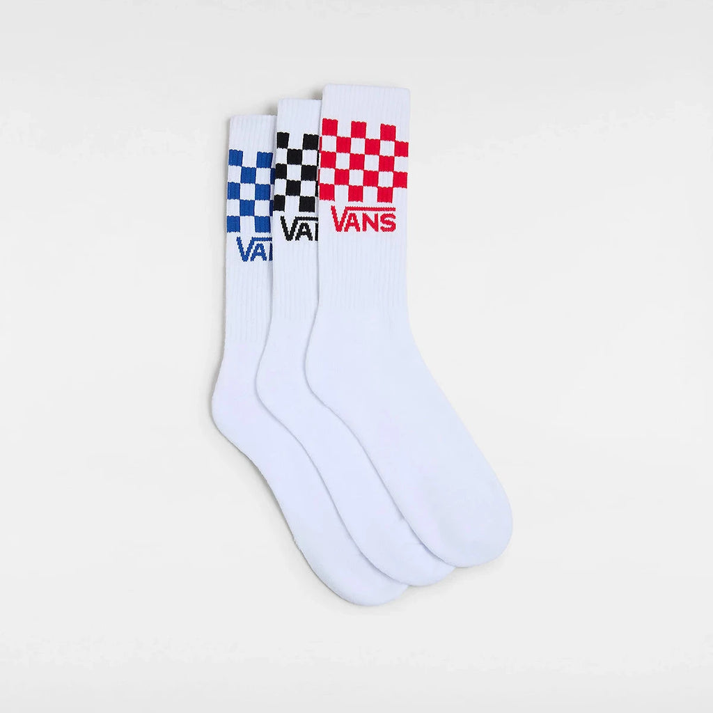 Pack de 3 paires de chaussettes Vans Classic Check Crew blanches, avec motif checkerboard, disponibles chez Yagö skateshop à Mons et Saint-Ghislain.