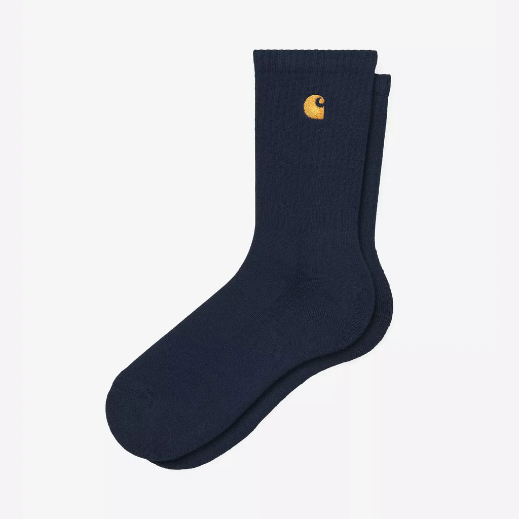 Chaussettes Carhartt WIP Chase Dark Navy/Gold coton doux logo brodé doré – skateshop Mons
