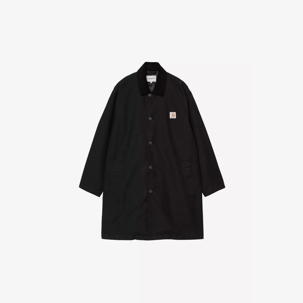 Carhartt WIP manteau Webster Black coton doublé col velours côtelé Square Label – skateshop Mons. Vu de face
