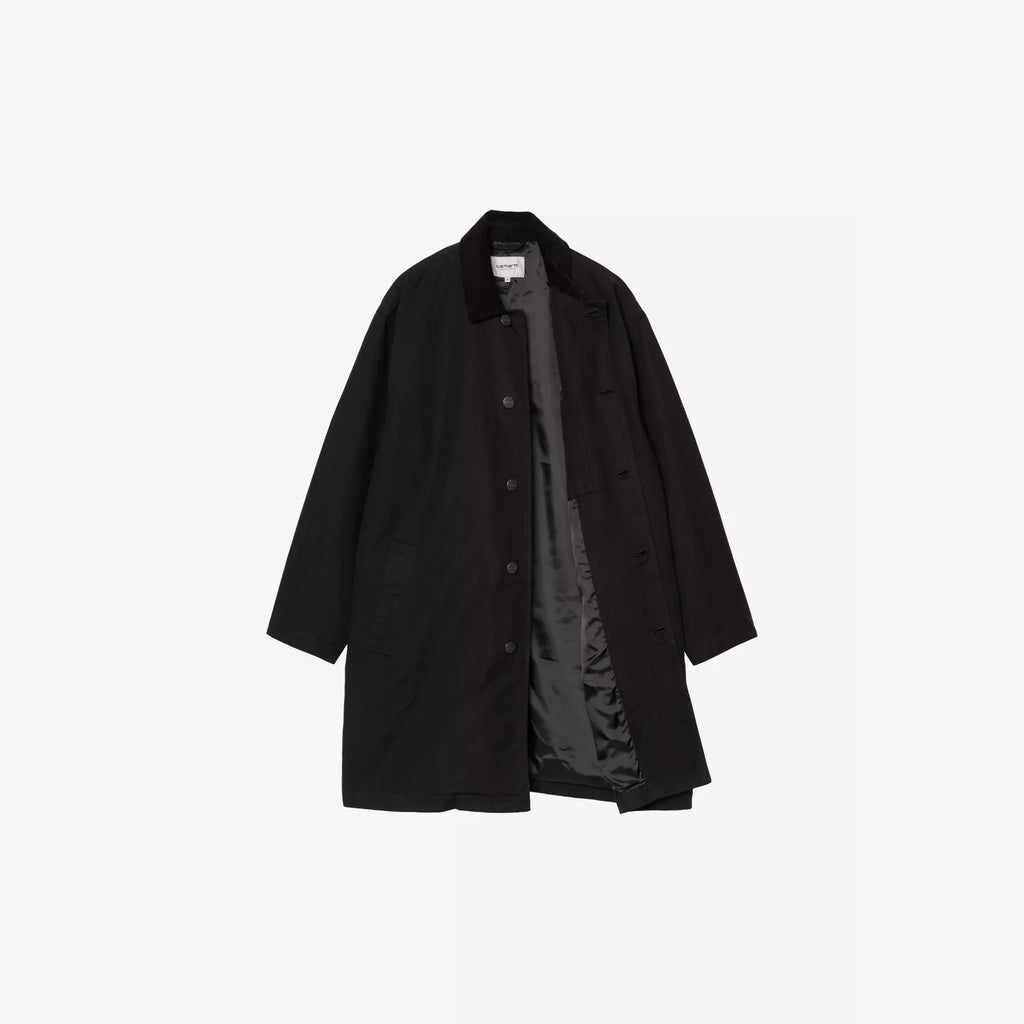 Carhartt WIP manteau Webster Black coton doublé col velours côtelé Square Label – skateshop Mons. Vu de face ouverte