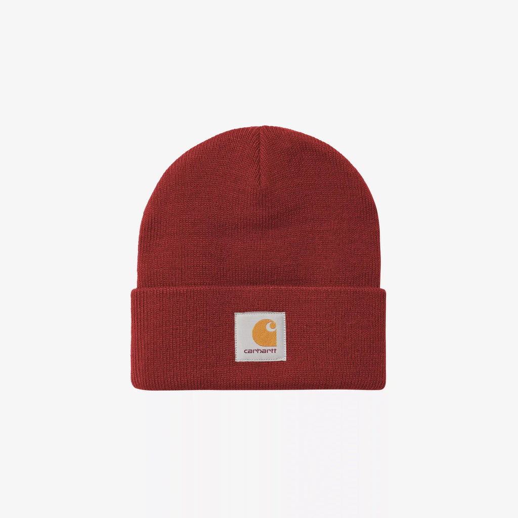 Bonnet Carhartt WIP Short Watch Hat Scarlet en maille côtelée chaude et ajustée. Disponible à Saint-Ghislain près de Mons.