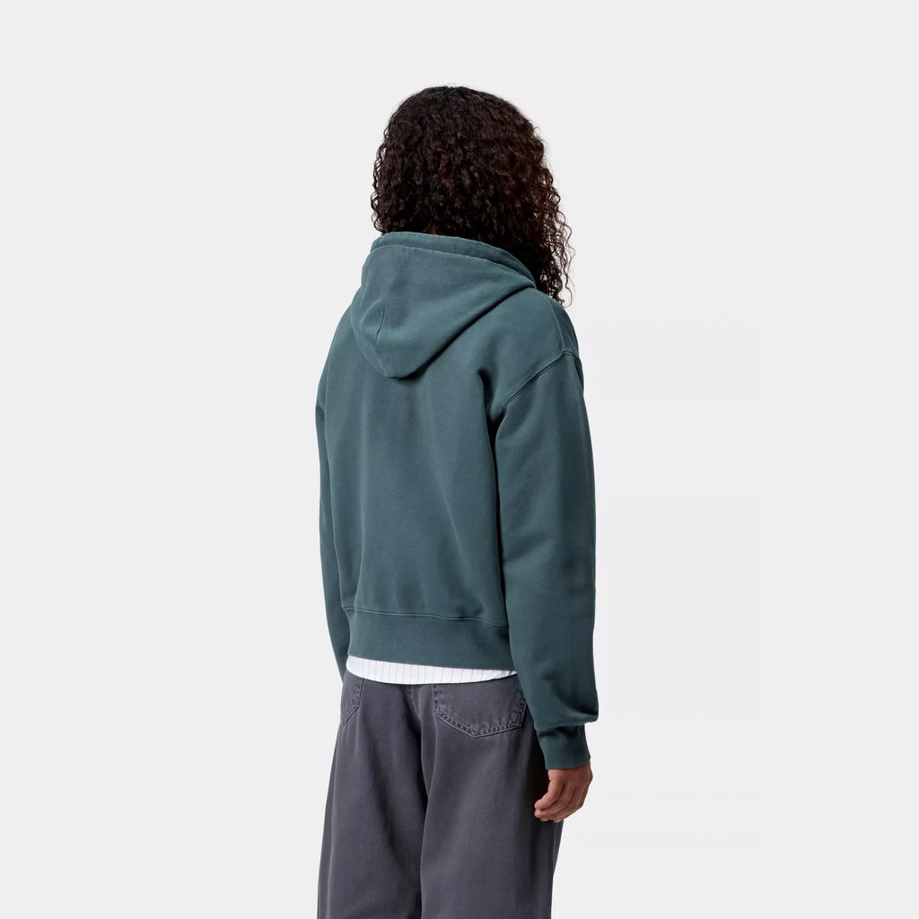Women’s Hooded Nelson Jacket Carhartt WIP – coton épais garment-dyed avec capuche – skateshop Mons - Vue portée par un mannequin de dos