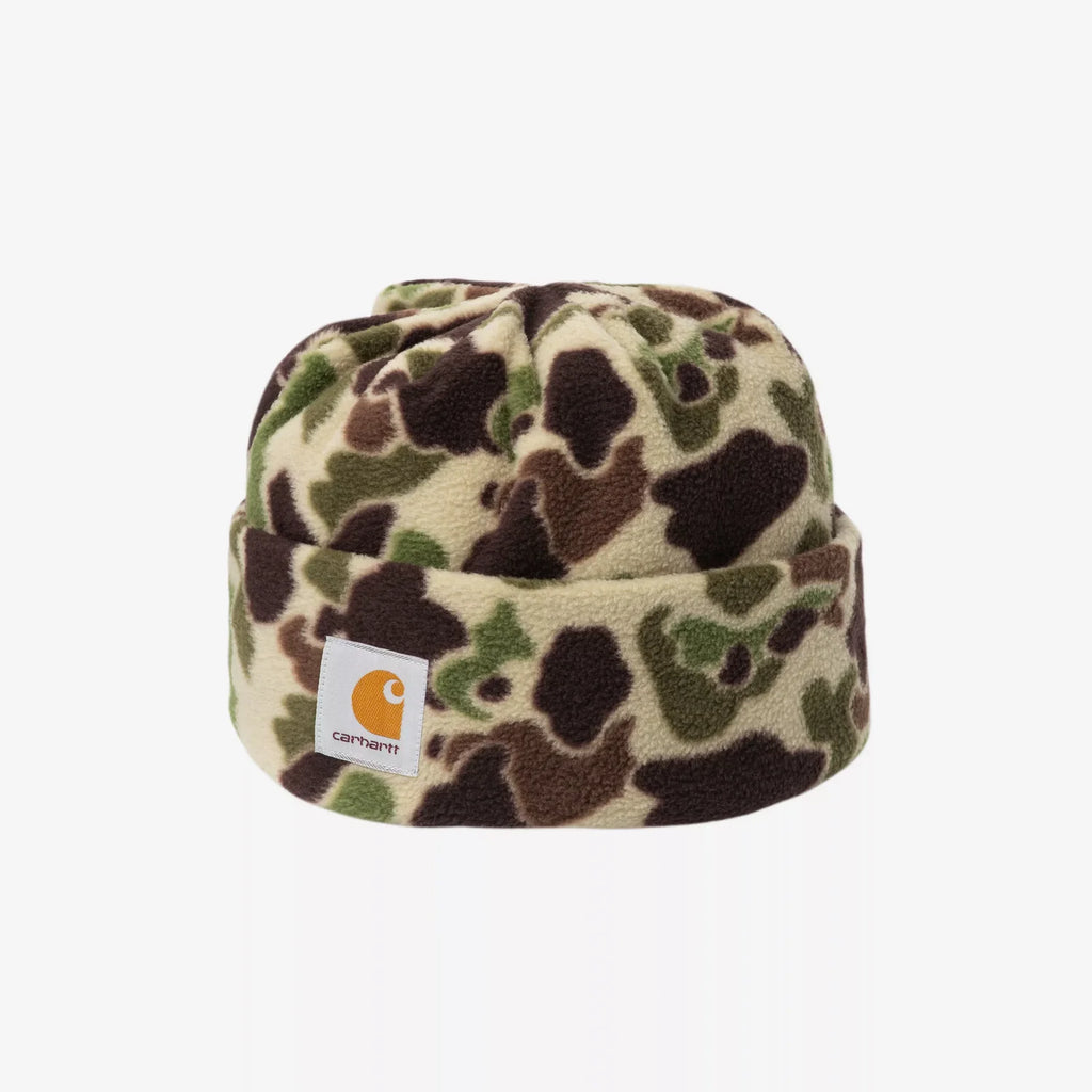 Bonnet Expedition Carhartt WIP – polaire polyester douce Square Label camo duck green – skateshop Mons - Vue de face
