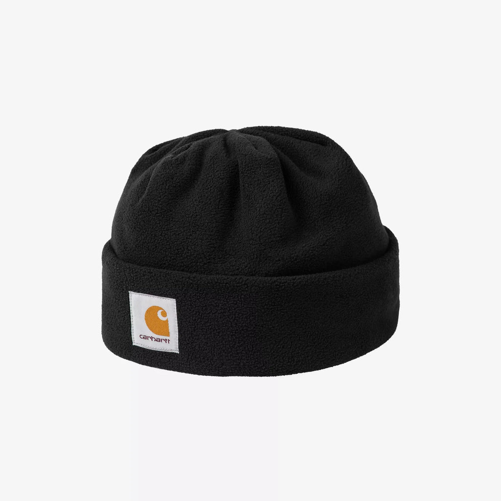 Bonnet Expedition Carhartt WIP – polaire polyester douce Square Label noir – skateshop Mons - Vue de face