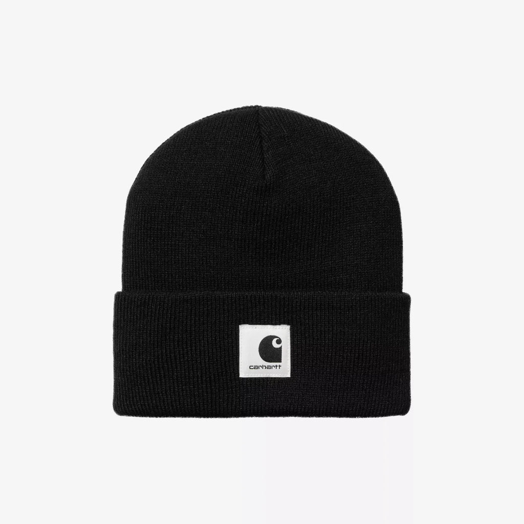 Bonnet Carhartt WIP Ashley femme Black maille côtelée acrylique avec Square Label – skateshop Mons