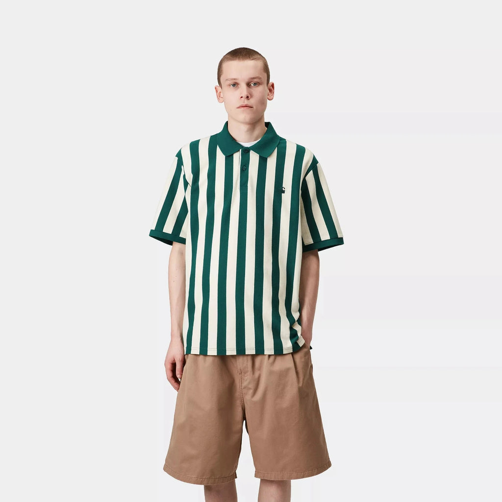 S/S Boynton Polo Stripe Jacquard Rainforest Carhartt WIP Vu de face porté par un mannequin