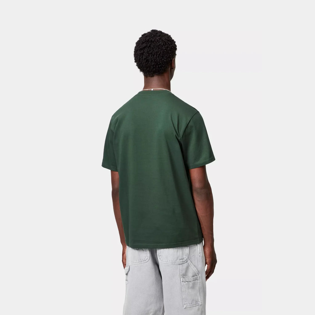 Carhartt WIP S/S Script T-Shirt Sycamore Tree/Phlox coton coupe regular avec logo imprimé – skateshop Mons. Vue de dos porté par un mannequin