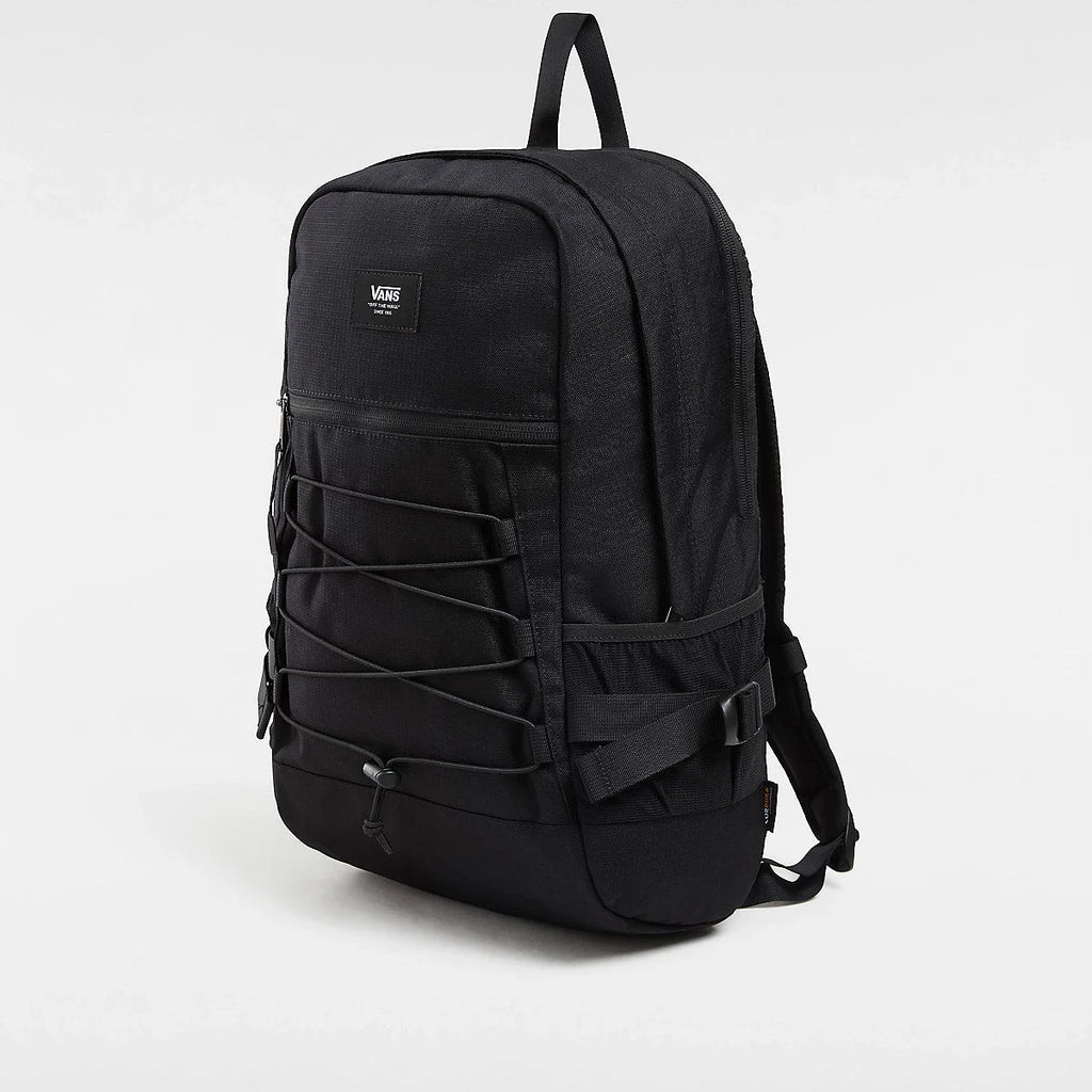 Sac à dos Vans Original Noir, vue 3/4 avec compartiments visibles et panneau arrière en maille gaufrée pour un confort optimal.