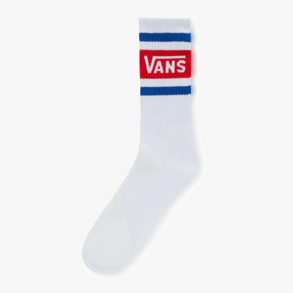 Chaussettes Vans Drop V Crew blanches en vue de profil, parfaites pour les skateurs et amateurs de style minimaliste, disponibles chez Yagö skateshop à Mons et Saint-Ghislain.